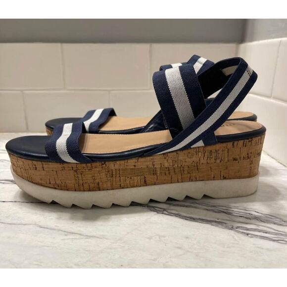 Madden Platform Cork Sandals Women's Size 8.5 Blue/White Straps Nautical Summer - Picture 2 of 6